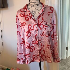 Pink Satin Bow Print Button-Up Pajama Top and bottoms